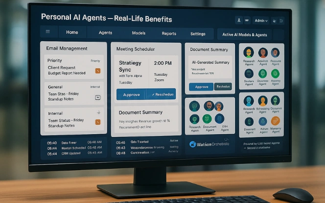 Dashboard on a monitor showing email sorted, meeting invites drafted, reports summarized, and CRM updates.