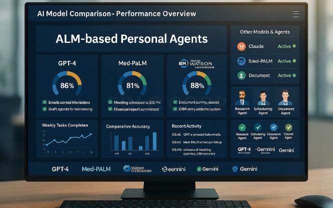 Monitor shows dashboard comparing GPT-4, Med-PaLM, and Watson Orchestrate with meters and task logs.