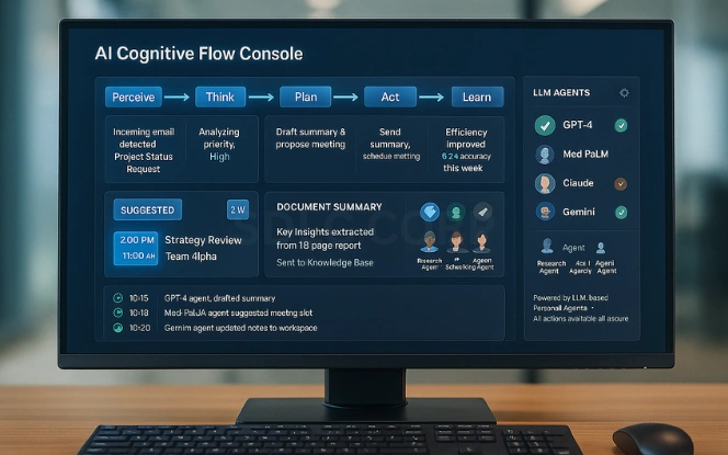 Monitor dashboard illustrates flow of AI agents with input sources, processing steps, and completed tasks.