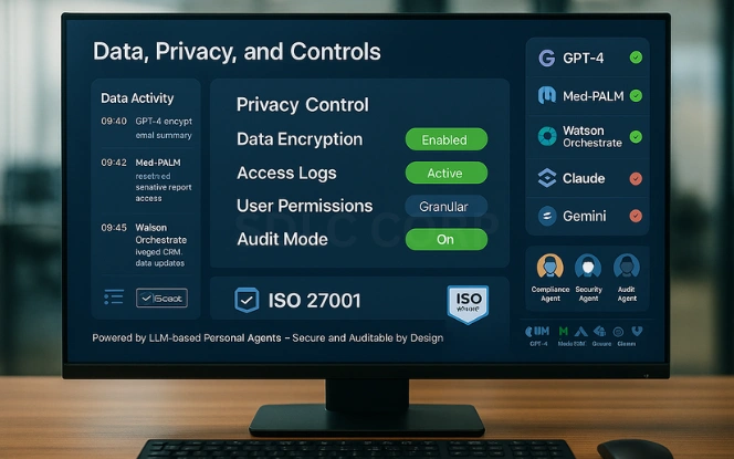 Monitor dashboard showing privacy settings, encryption status, access logs, and AI model security indicators.
