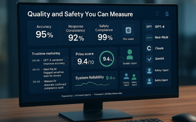 Monitor dashboard with accuracy scores, safety compliance metrics, and bias detection alerts for AI models.