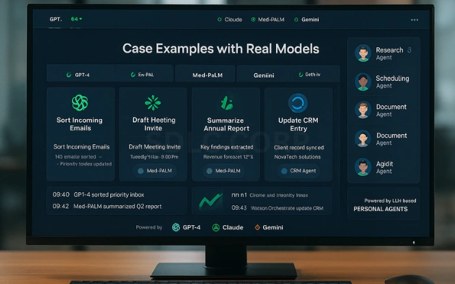 Monitor dashboard showing real AI models like GPT-4, Med-PaLM, and Watson Orchestrate powering task examples.