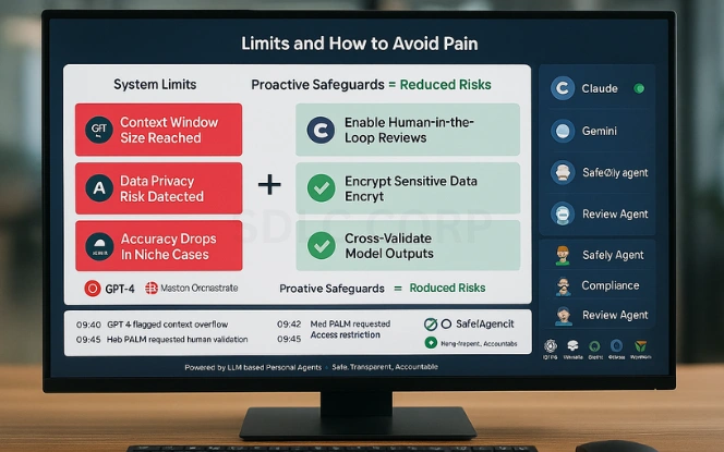 Monitor dashboard with risk alerts and safeguards, showing warnings and mitigations plus GPT-4 and Med-PaLM status.