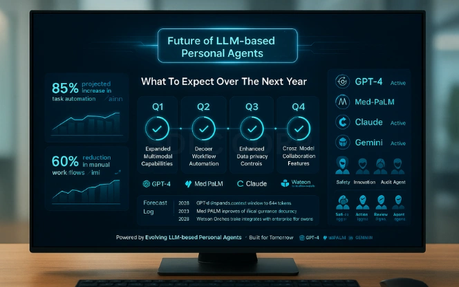 Futuristic dashboard on a monitor with AI model logos, timeline milestones, and predictive analytics for personal AI agents.