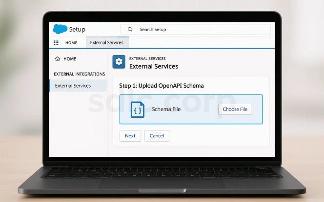  Salesforce setup screen showing the process of uploading an OpenAPI schema file to configure external services for API integration.