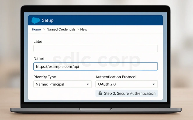  Salesforce setup screen for creating a new named credential with OAuth 2.0 authentication, specifying an external API endpoint and identity type.