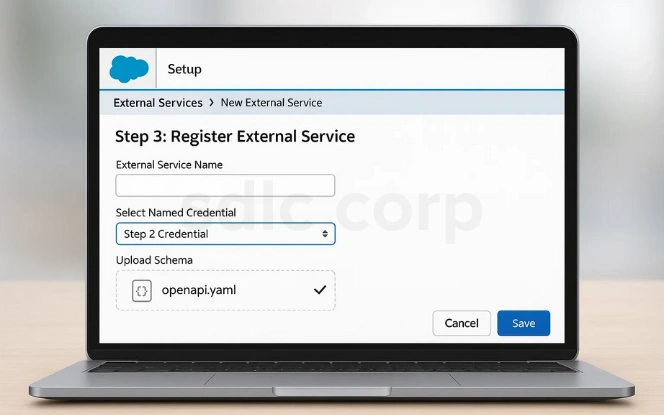  Salesforce setup screen for registering a new external service by selecting a named credential and uploading an OpenAPI schema file.