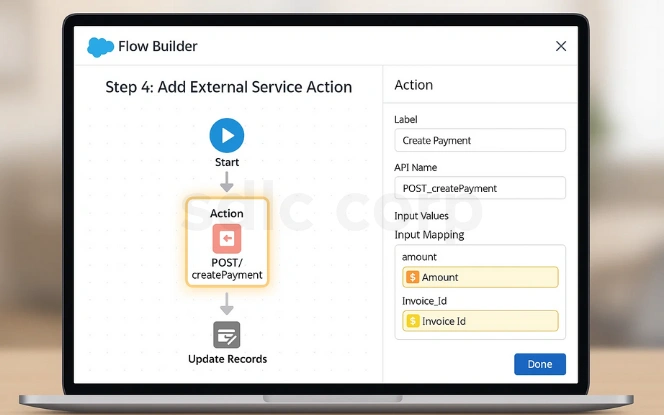  Salesforce Flow Builder screen showing Step 4: Add External Service Action, where a POST API is configured to create a payment using mapped input fields.
