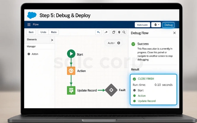  Salesforce Flow Builder screen showing Step 5: Debug & Deploy, with a successful flow execution including start, action, and update record steps.