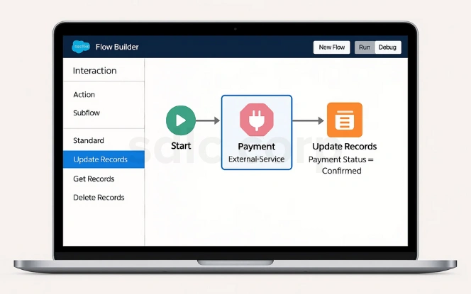  Salesforce Flow Builder screen showing a payment process using an external service, followed by updating records to confirm payment status.