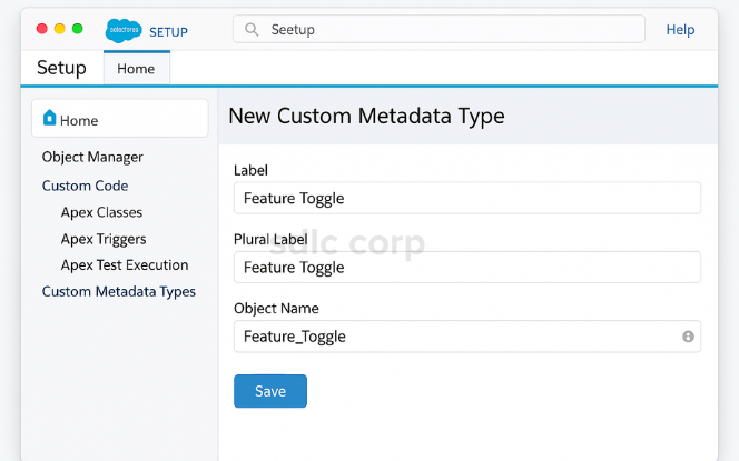   Salesforce new Custom Metadata Type creation screen in desktop mockup.