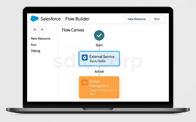  Salesforce Flow Builder screen showing integration with an external service (Slack/Twilio) to send a message upon opportunity closure.
