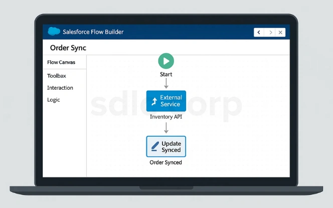  Salesforce Flow Builder screen showing an order sync process using an external Inventory API followed by updating the order status to synced.