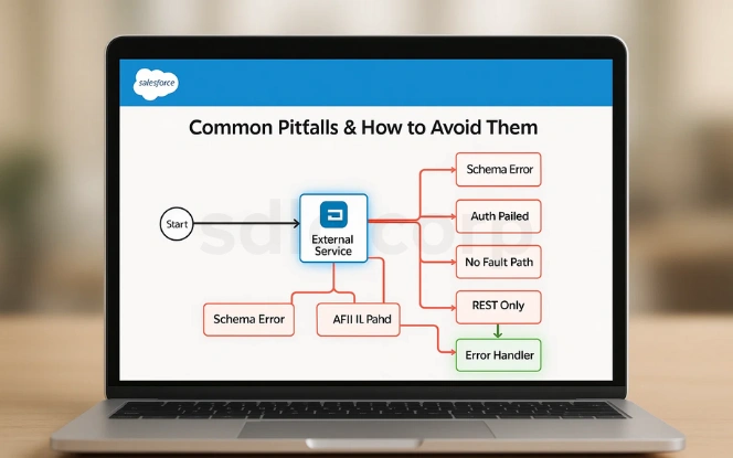  Diagram showing common external service pitfalls in Salesforce Flow and how to handle them with proper error management.