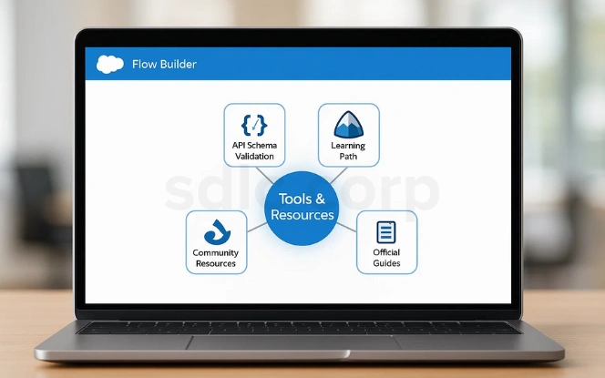 Salesforce Flow Builder screen displaying a Tools & Resources hub with options for API schema validation, learning paths, official guides, and community resources.