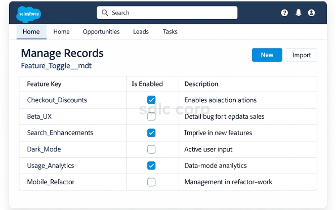 Salesforce CMDT manage records screen for Feature Toggle in desktop mockup.