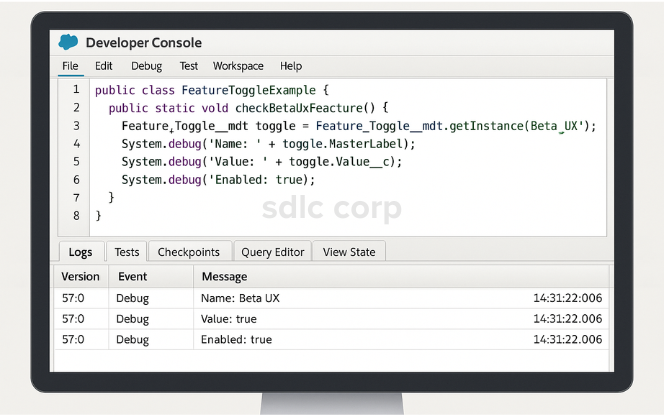 Salesforce Developer Console showing Apex code using CMDT getInstance.