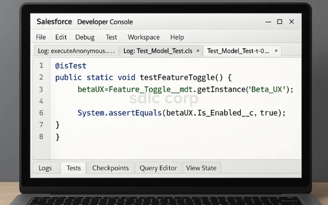 Salesforce Apex test class using CMDT in desktop mockup.