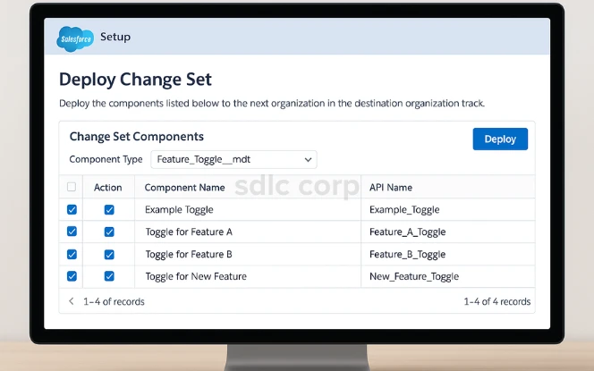 Salesforce Change Set screen showing deployment of CMDT in desktop mockup..