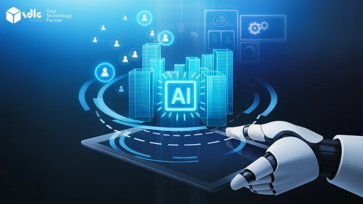 AI for real estate concept showing robotic hand, digital buildings, and AI-powered technology for property management and smart investments