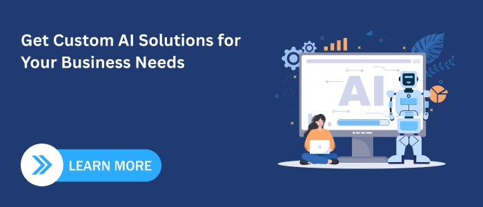 Banner with text “Get Custom AI Solutions for Your Business Needs” showing a robot, a person with a laptop, and a Learn More button.