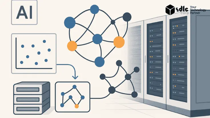 Illustration of vector databases for AI showing interconnected nodes representing embeddings, server racks for data storage, and semantic network connections, symbolizing how AI systems perform semantic search and Retrieval Augmented Generation (RAG).