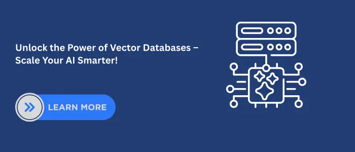 Vector database and AI technology concept illustration showing server racks and connected circuits with a call-to-action button encouraging users to learn more about scaling AI smarter