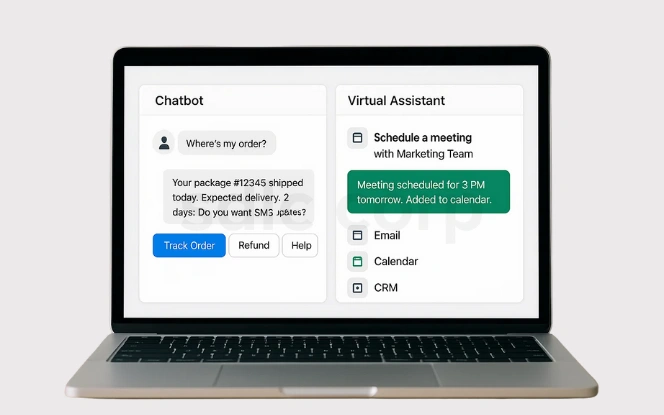  Laptop mockup showing AI-powered chatbot answering order tracking query and virtual assistant scheduling a meeting with CRM and calendar integration.