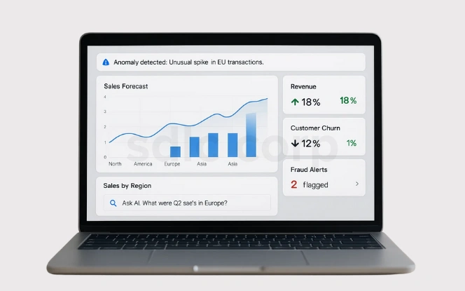  Laptop mockup showing AI business intelligence dashboard with sales forecast graph, anomaly detection alert, and KPI insights.