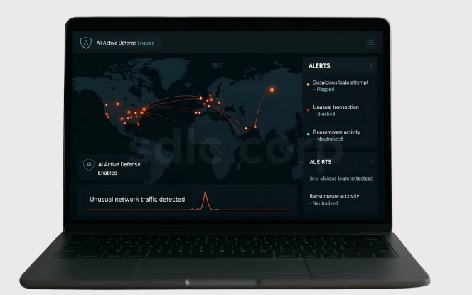  Laptop mockup showing AI cybersecurity dashboard with global attack map, unusual network traffic detection, and real-time security alerts.