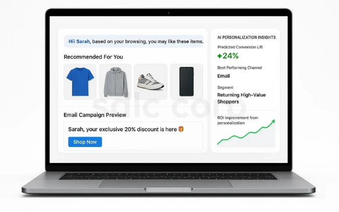  Laptop mockup showing AI-powered marketing personalization dashboard with product recommendations, personalized email preview, and ROI insight