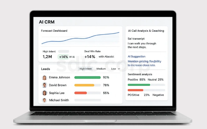  Laptop mockup showing AI CRM dashboard with sales forecasting, lead conversion scores, call analysis insights, and real-time AI coaching suggestions.