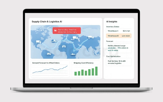  Laptop mockup showing AI supply chain dashboard with global delivery routes, inventory alerts, demand forecasting, and cost optimization insights.