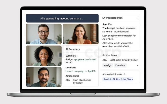  Laptop mockup showing AI collaboration dashboard with live video meeting, real-time transcription, AI-generated summaries, and automated task assignments.