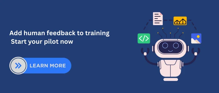 robot with code, charts and media icons—add human feedback to AI training (RLHF pilot).