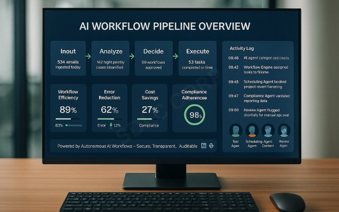 Illustration showing how autonomous AI workflows streamline processes by automating tasks, decisions, and data flows with minimal human input