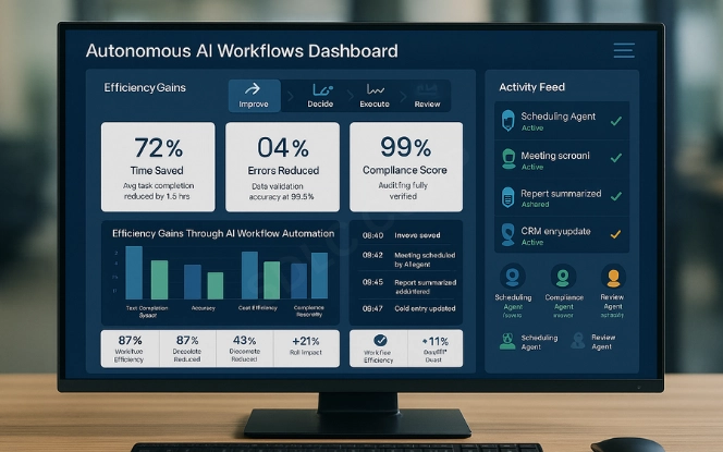 Graphic illustrating why businesses benefit from AI workflow automation through efficiency, accuracy, and reduced costs