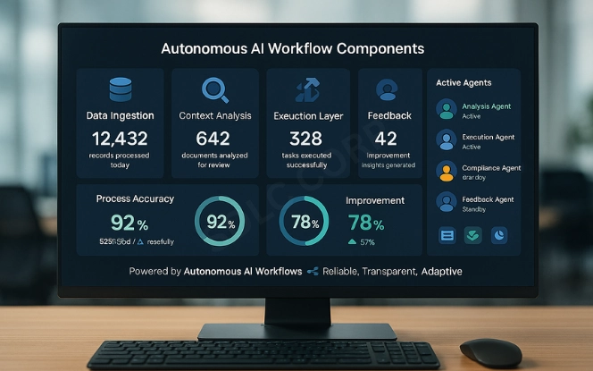 Diagram showing key components of autonomous business process AI, including automation, decision-making, and data analysis
