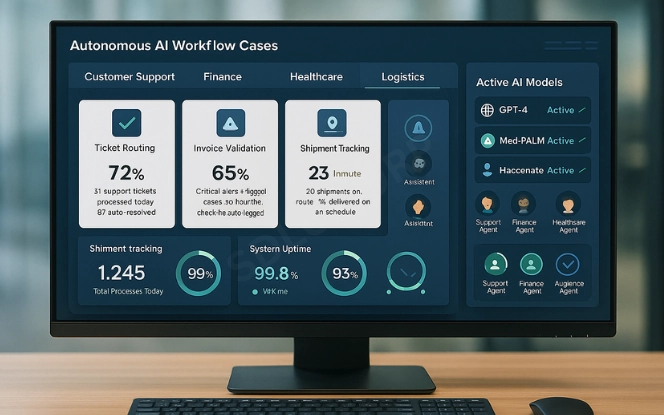 Illustration highlighting real-world applications of autonomous AI workflows in industries like healthcare, finance, and logistics