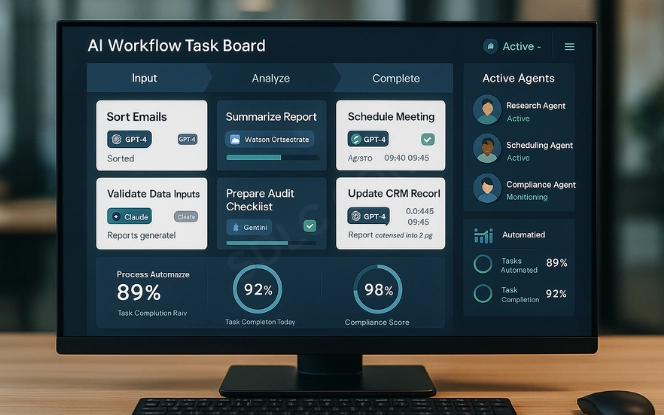 Visual showing AI-driven task management in teams with automated scheduling, collaboration, and productivity tracking