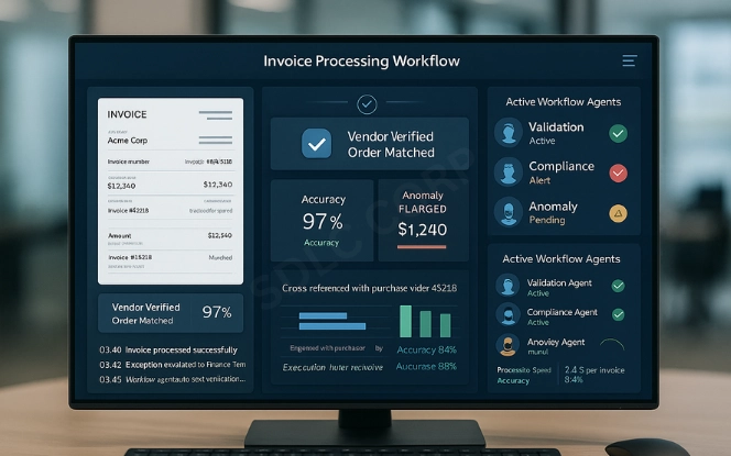 Illustration of intelligent process automation with AI streamlining workflows, reducing errors, and improving efficiency