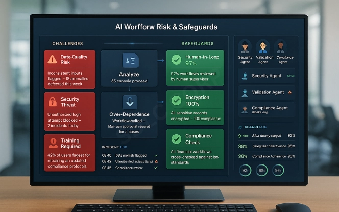 Illustration highlighting challenges of autonomous AI workflows such as data security, scalability, and human oversight
