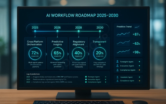 Visual depicting the future of autonomous business process AI with advanced automation, predictive insights, and adaptive decision-making