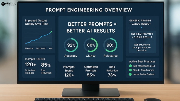 Desktop dashboard titled Prompt Engineering Best Practices, surrounded by icons for clarity, accuracy, refinement, and optimization.