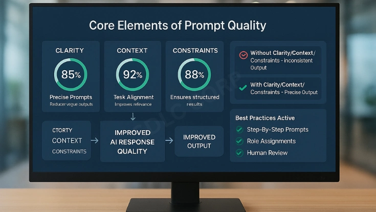 Visual showing the core elements of prompt quality including clarity, context, relevance, and structure for effective AI outputs
