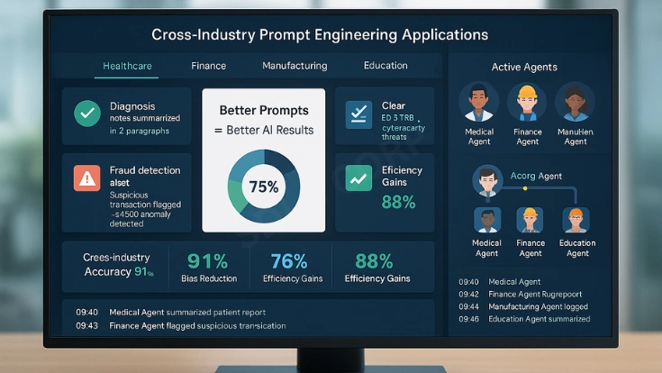 Graphic illustrating practical applications of AI across industries such as healthcare, finance, retail, and manufacturing