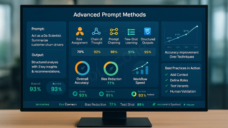 Illustration of advanced prompt engineering techniques for refining AI outputs through structured, contextual, and iterative prompts