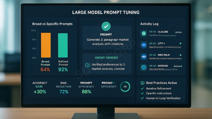 Visual showing techniques for optimizing prompts in large AI models to enhance performance, relevance, and response quality