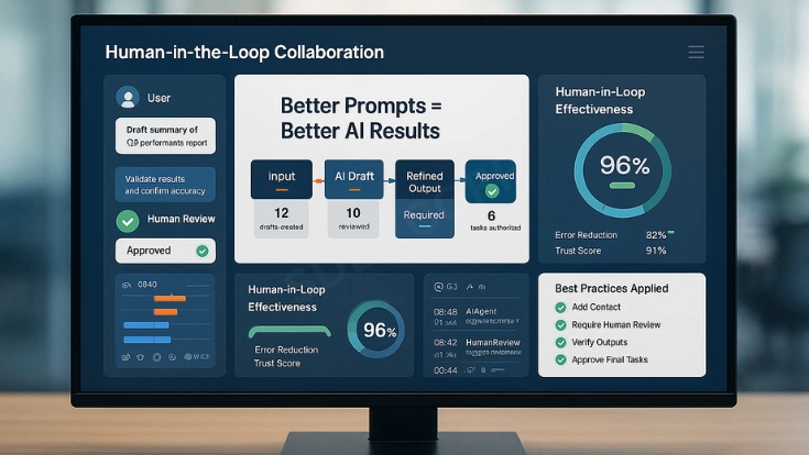 Illustration of collaboration between humans and AI, highlighting teamwork, shared decision-making, and enhanced productivity