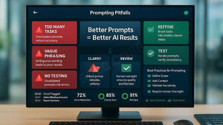 Visual representation of avoiding common pitfalls in AI workflows, such as bias, inefficiency, and lack of scalability